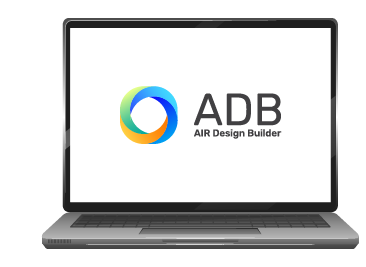 筆記型電腦螢幕上顯示 ADB AIR Design Builder 的圓環商標與字樣